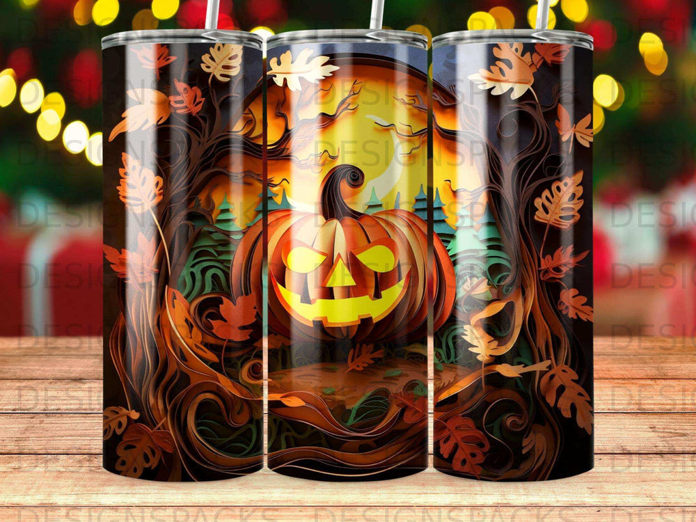 Halloween pumpkin jack-o'-lantern in dark forest with autumn leaves.