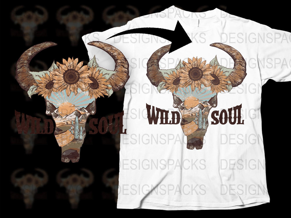 Bohemian Skull T-Shirt, Sunflower and Horns Graphic Tee, Wild Soul Summer Top, Unisex Fashion