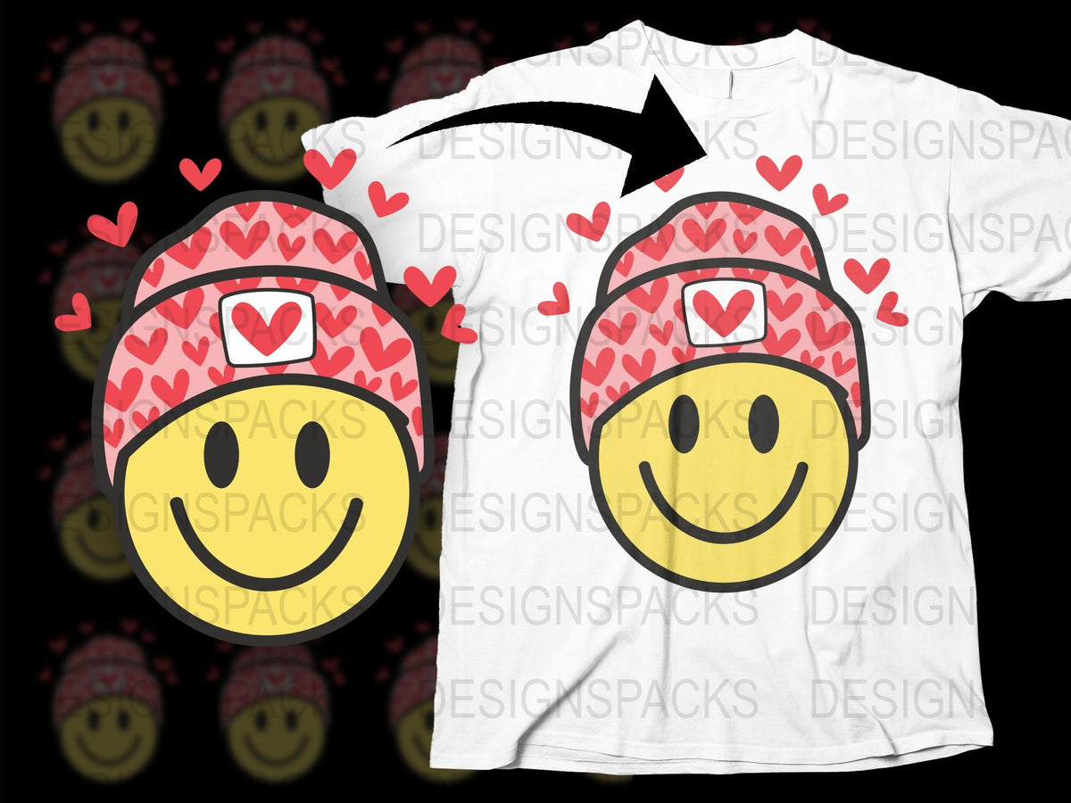 Smiley Face T-Shirt with Red Heart Hat, Cute Emoji Graphic Tee, Unisex Casual Shirt for All Ages