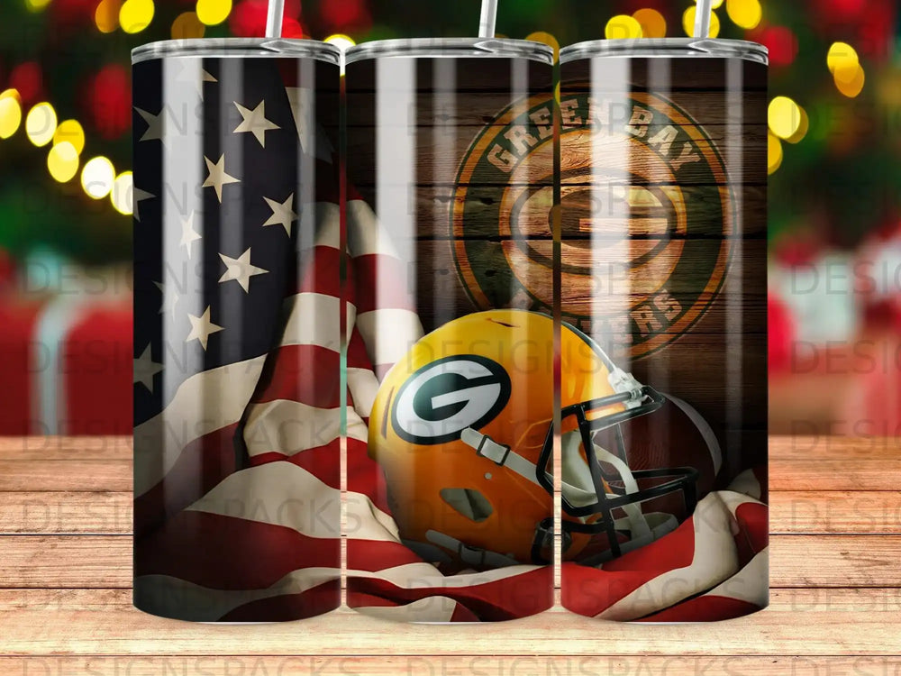 Green Bay Packers helmet and football on American flag background.