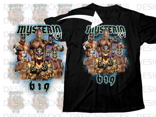 Black t-shirt featuring Rey Mysterio with 
