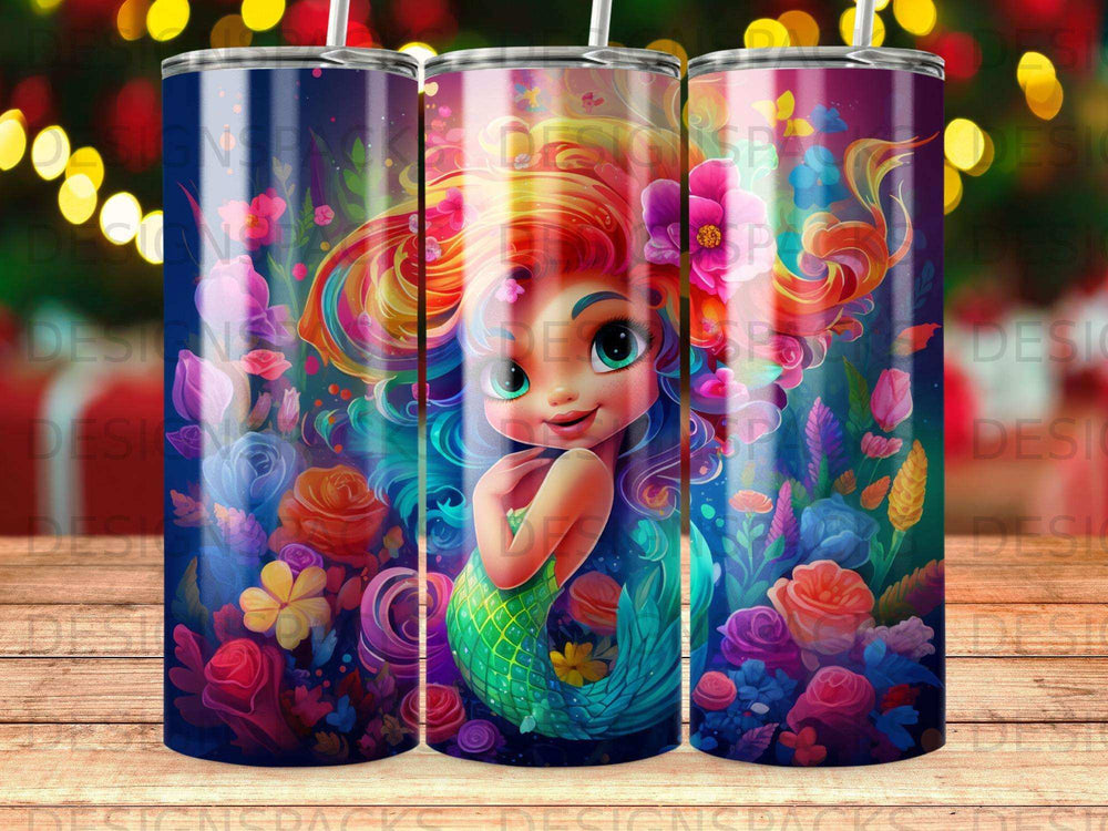 Mermaid with colorful flowers and a starry background.