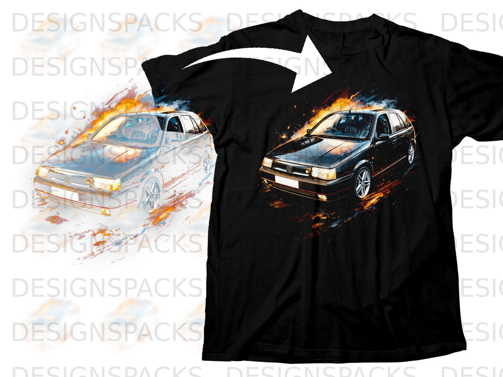 Black t-shirt with a dark car graphic with fiery accents.