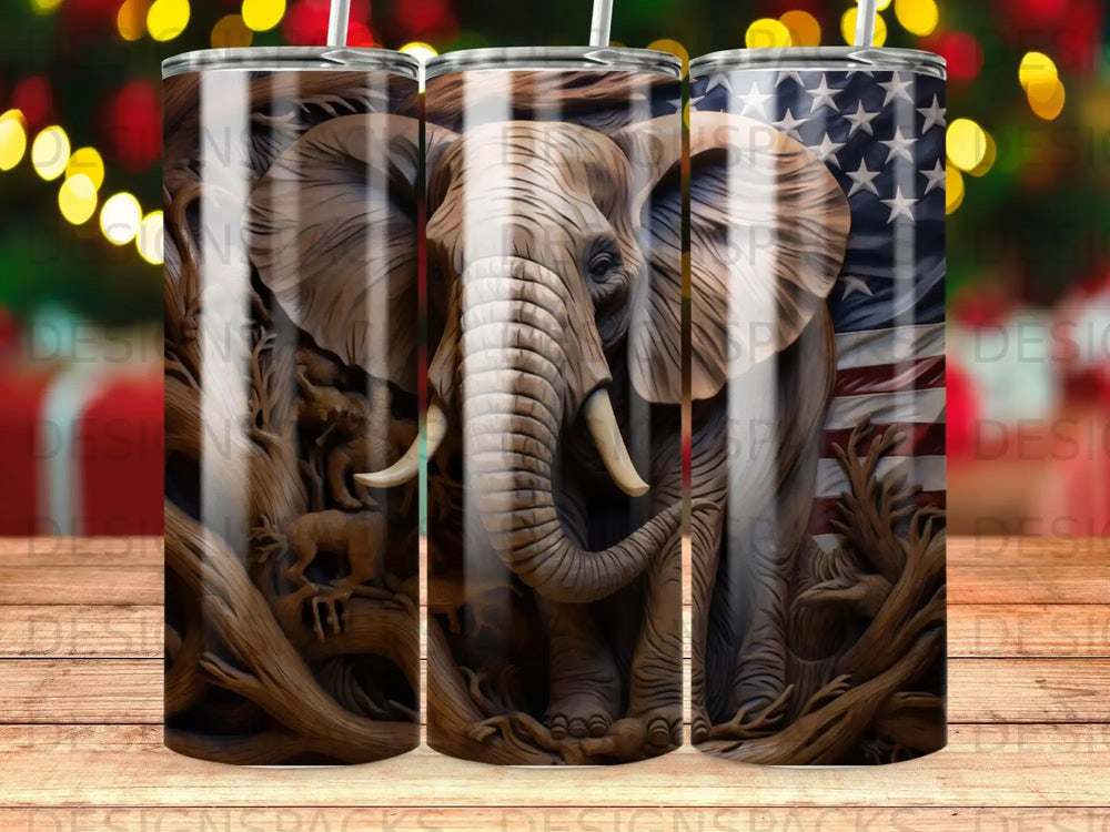 Wood-carved elephant with American flag background on a tumbler.