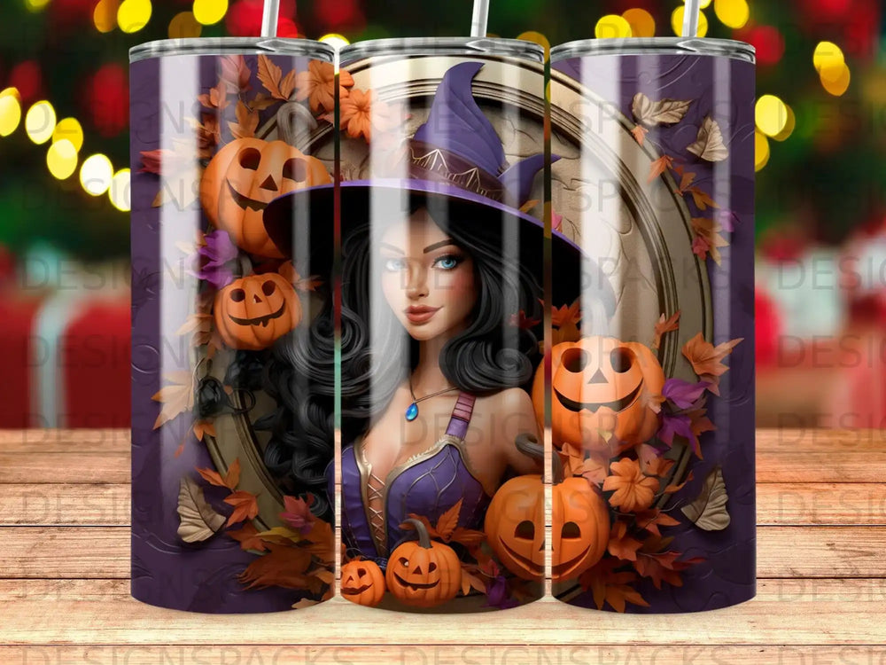 Witch with pumpkins and autumn leaves design on a tumbler.