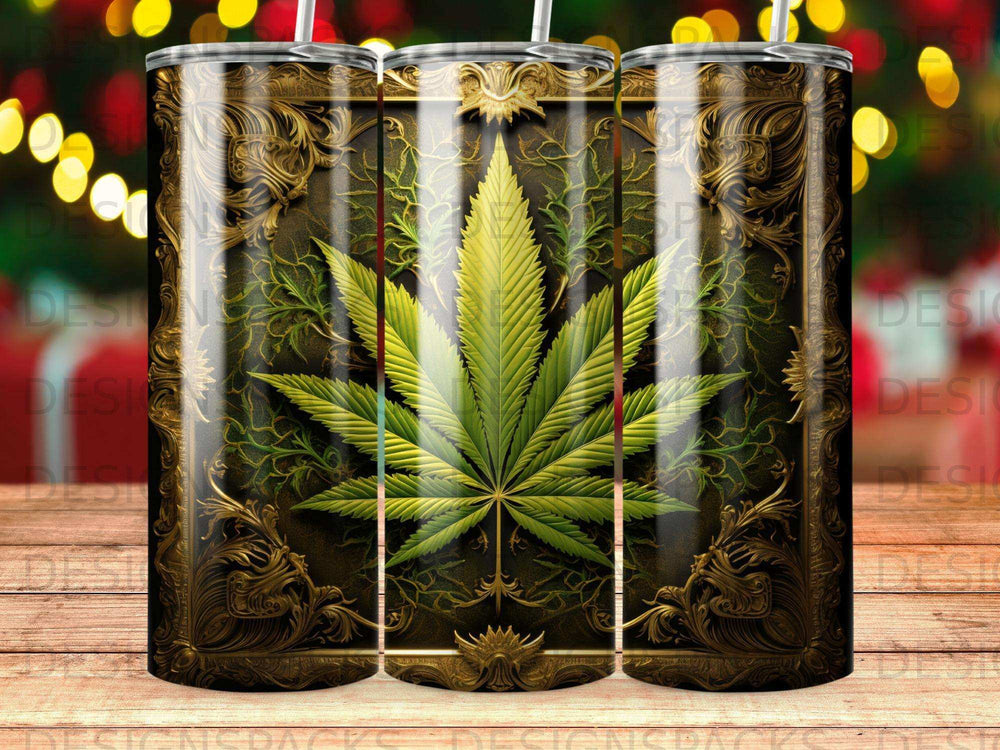 Gold ornate frame around a green cannabis leaf on a textured background.