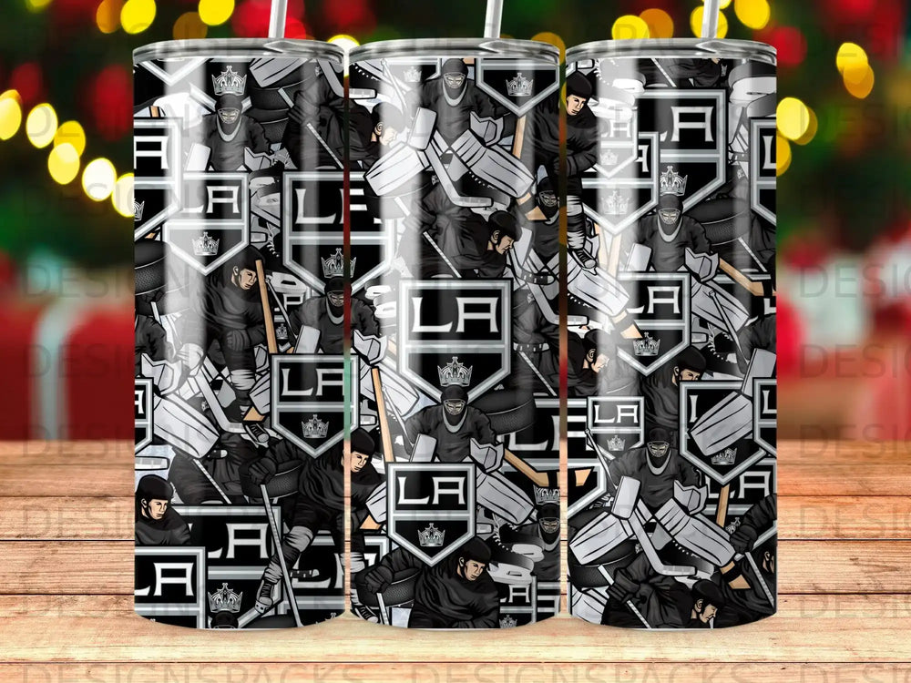 Hockey goalie pattern with LA text and crown graphic on a tumbler.