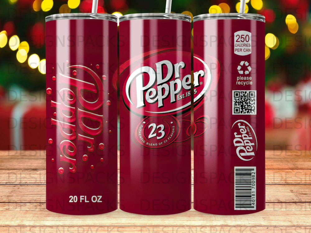 Dr Pepper 20 fl oz can with branding and nutritional information.