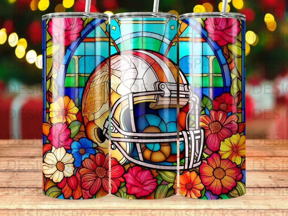 Football helmet with stained glass and floral accents.