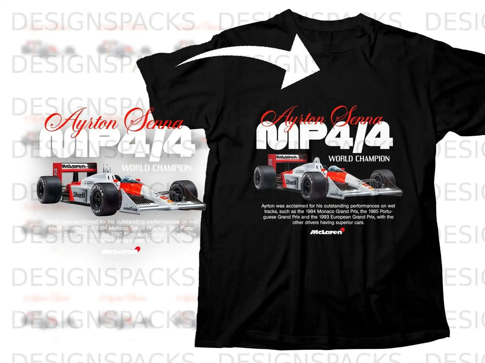 T-shirt with Ayrton Senna McLaren F1 design and "1993 World Champion" text.