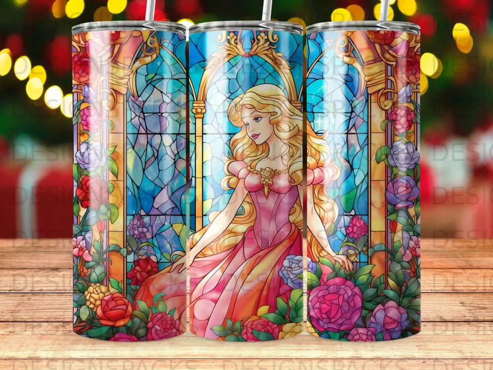 Stained glass style art with Cinderella in a pink gown, surrounded by flowers.
