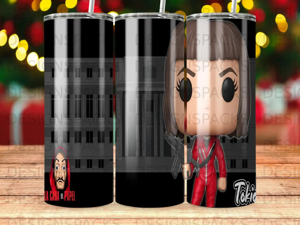 La Casa de Papel tumbler featuring Tokyo character and "La Casa de Papel" text.