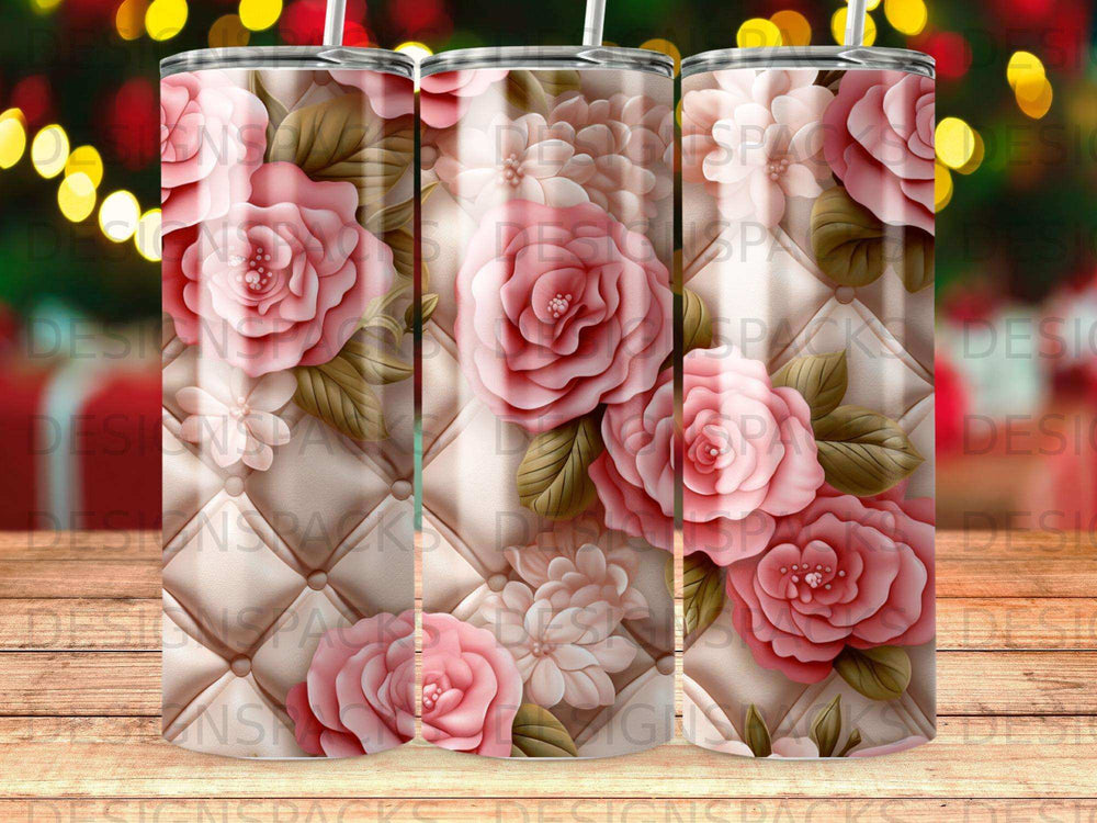 Pink roses and white flowers on a quilted pink background pattern.