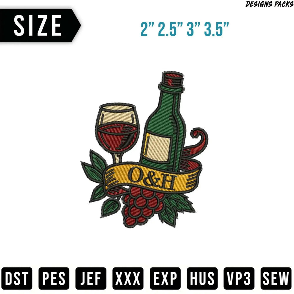 Bottle of wine, glass of wine, grapes, and banner with O&H.