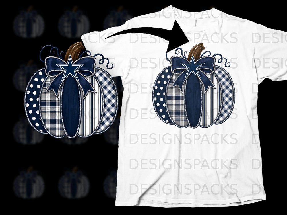 Patched pumpkin with bow and star on white t-shirt.