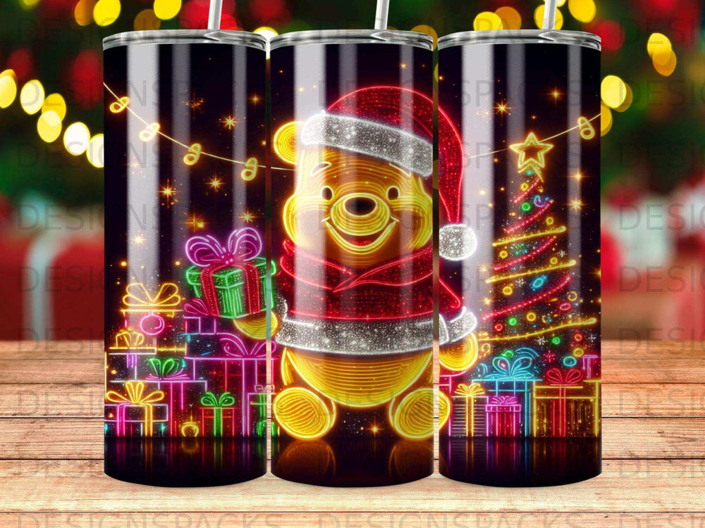 Winnie the Pooh in a Santa hat, holding a gift, surrounded by presents and Christmas lights.