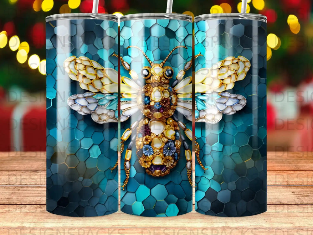 Bee with honeycomb pattern on a blue wood-grain background.