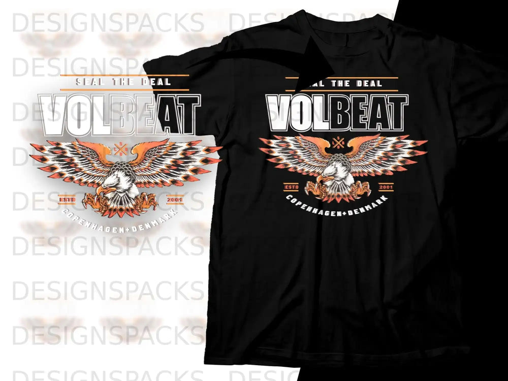 Volbeat band logo with eagle and "Seal the Deal" text on black t-shirt.