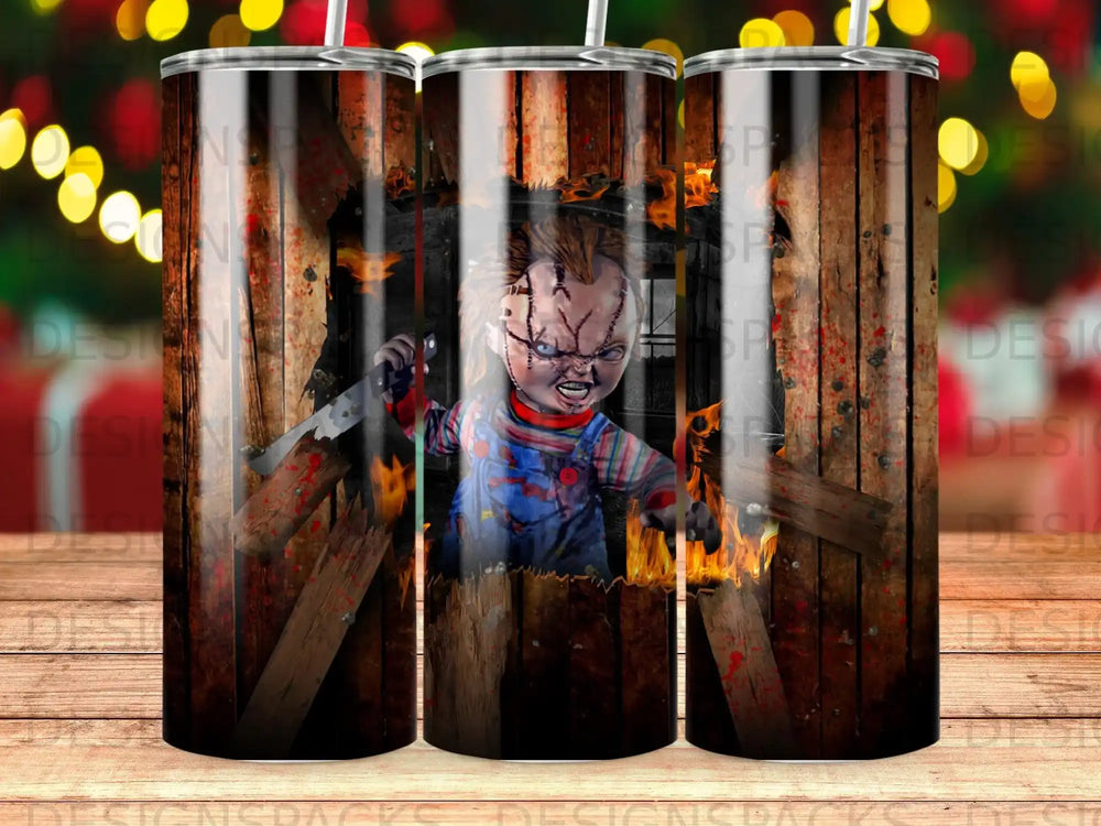 Chucky doll holding a knife, standing in a burning wooden frame.