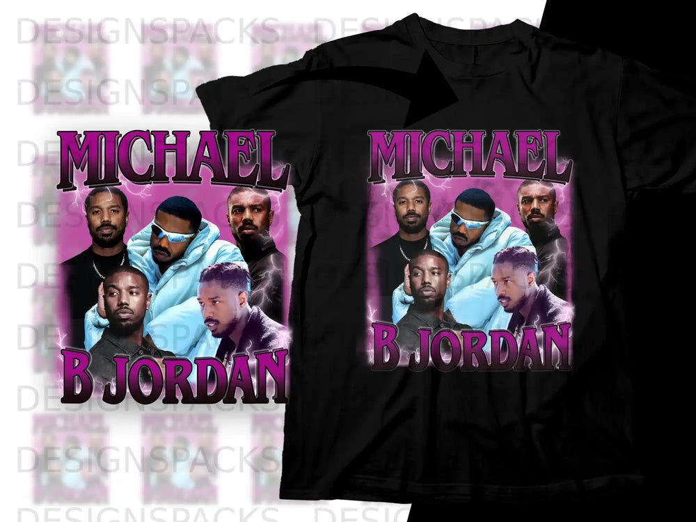 Michael B. Jordan collage on black t-shirt.