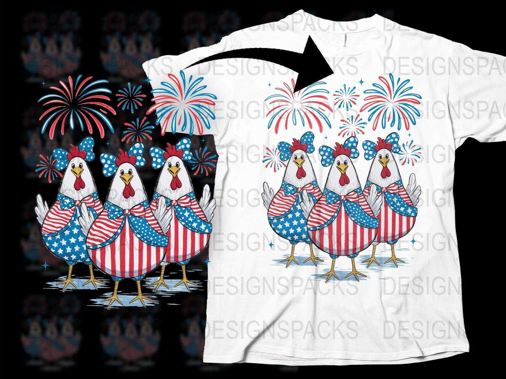 Patriotic Chicken T-Shirt, USA Flag Rooster Tee, Fourth of July Farm Animal Shirt, Colorful Fireworks Background