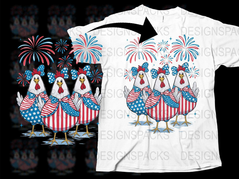 Patriotic Chicken T-Shirt, USA Flag Rooster Tee, Fourth of July Farm Animal Shirt, Colorful Fireworks Background