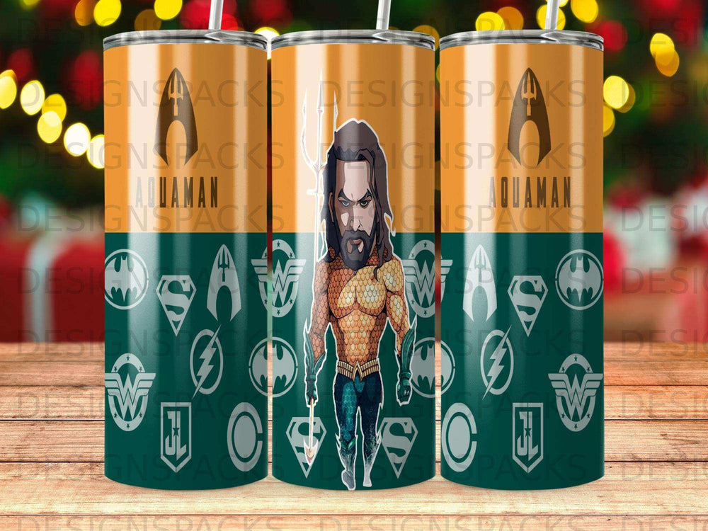 Aquaman graphic on three tumblers with repeating Aquaman logos.