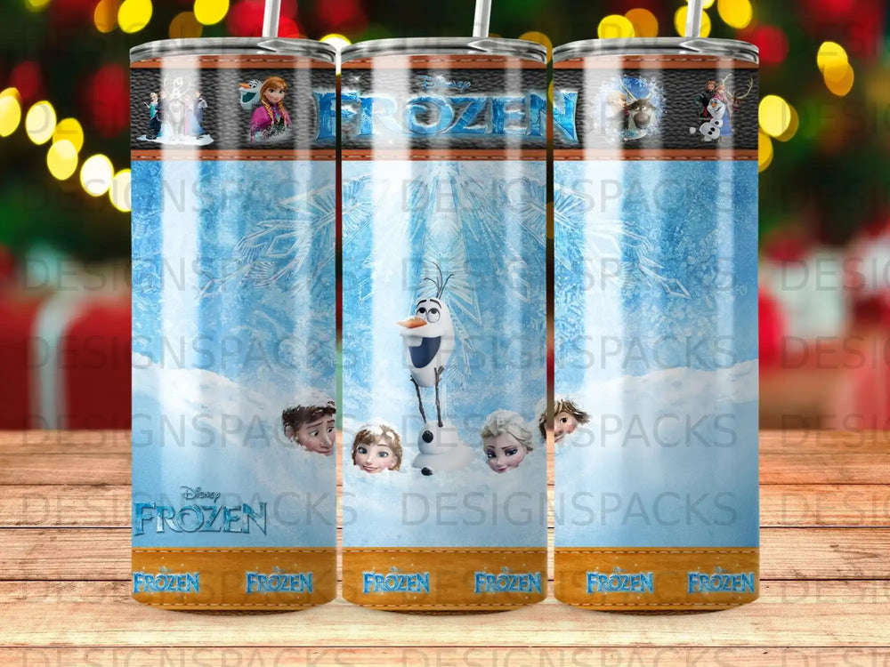 Frozen characters Olaf, Anna, and Elsa on a blue, glittery tumbler.