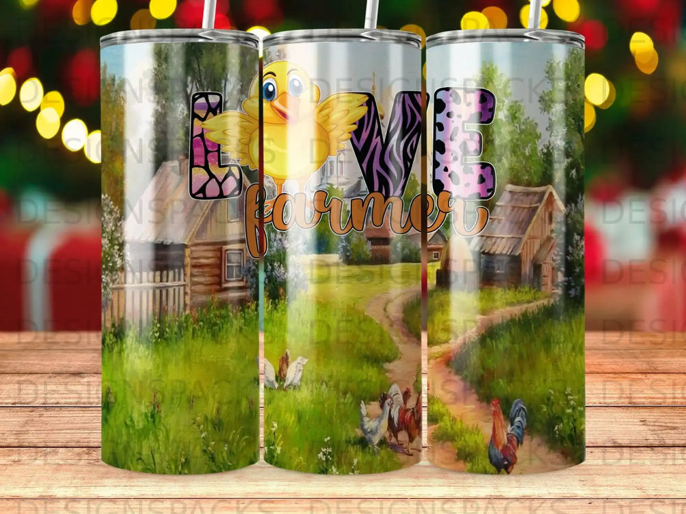 Three tumblers with a cartoon chicken and farm scene with "Love" text.