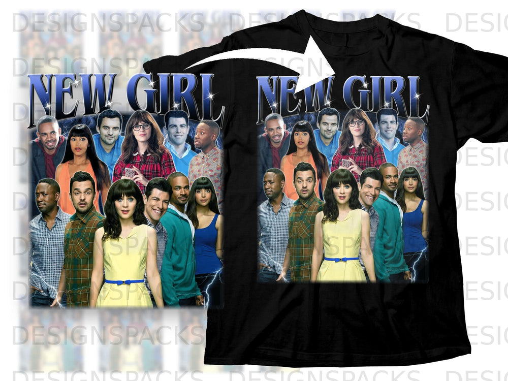 "New Girl" cast collage featuring characters with lightning effect and studio logo.