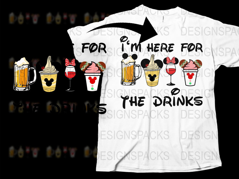 Fun Party T-Shirt 'I'm Here for the Drinks' Graphic Tee with Cocktail Designs, Unisex Casual Outfit