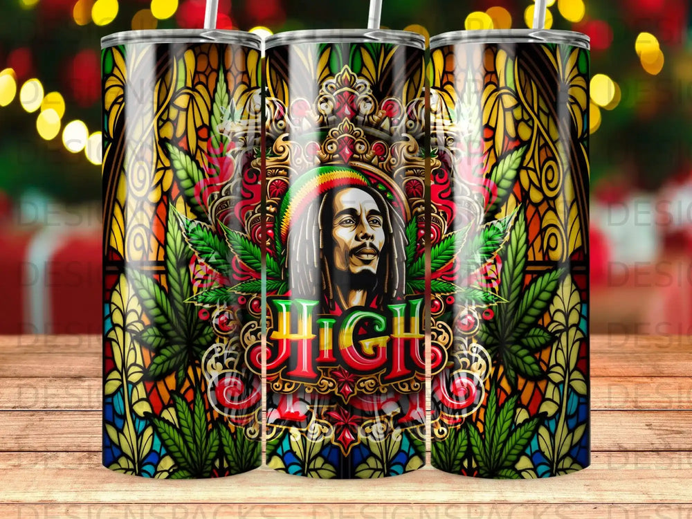 Bob Marley with stained glass background and cannabis leaves.