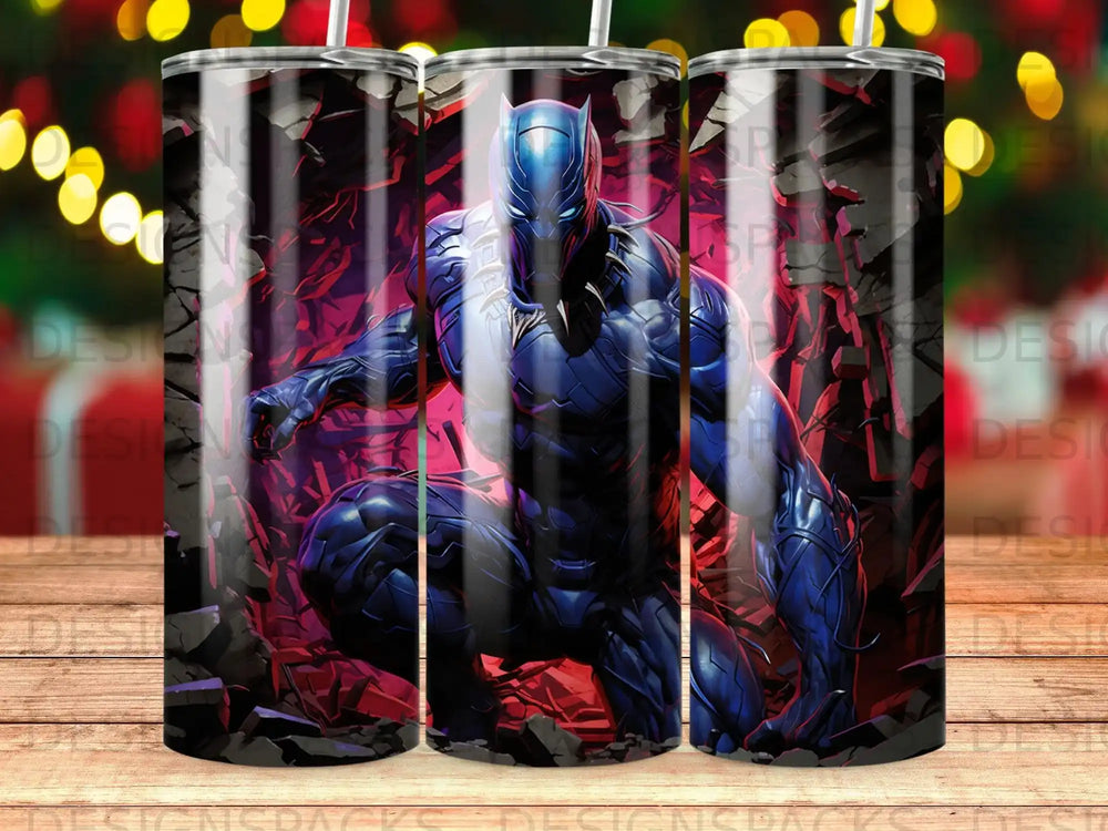 Black Panther crouches in front of a dark, shattered background with red accents.