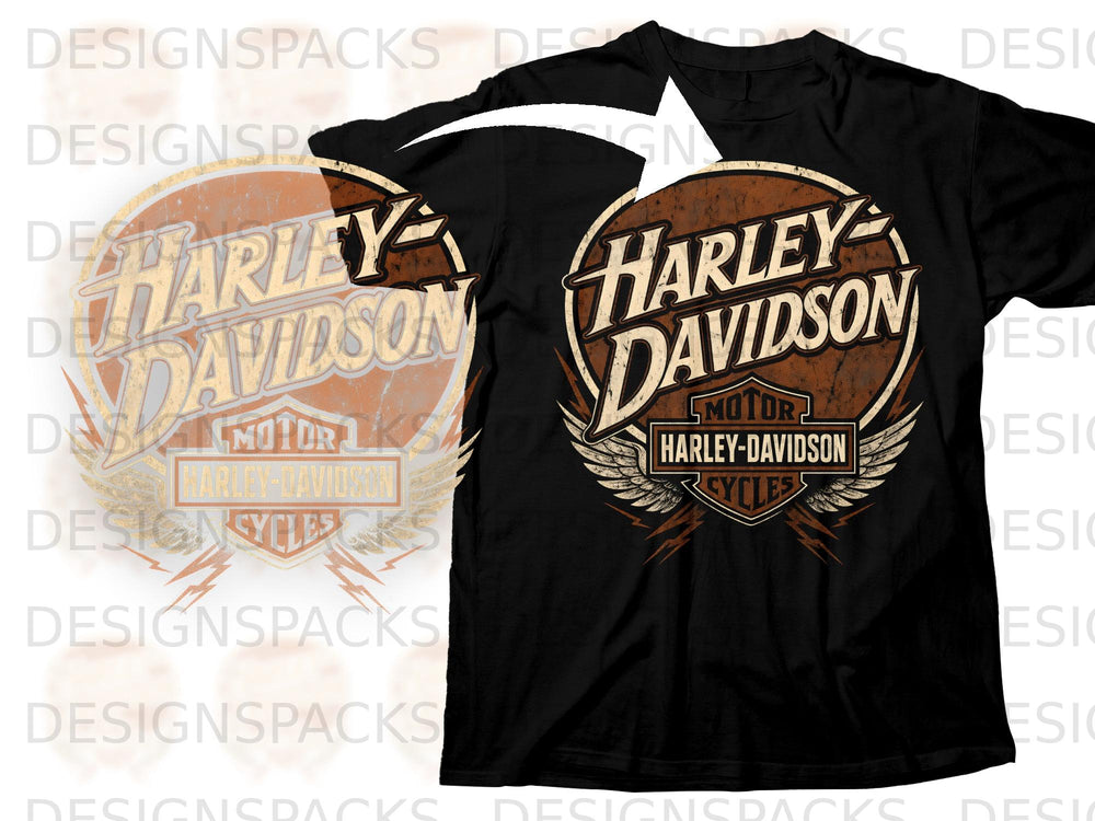 Black t-shirt with vintage Harley-Davidson logo featuring wings and lightning bolts.
