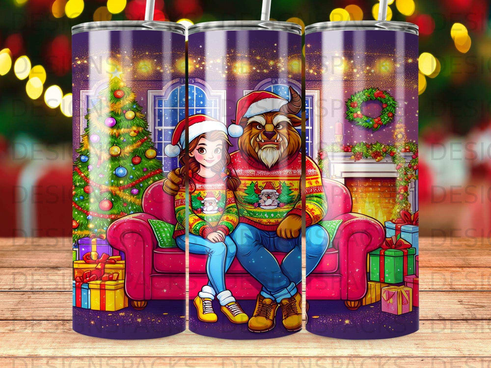Belle and Beast in Christmas sweaters on a couch with a tree and gifts.