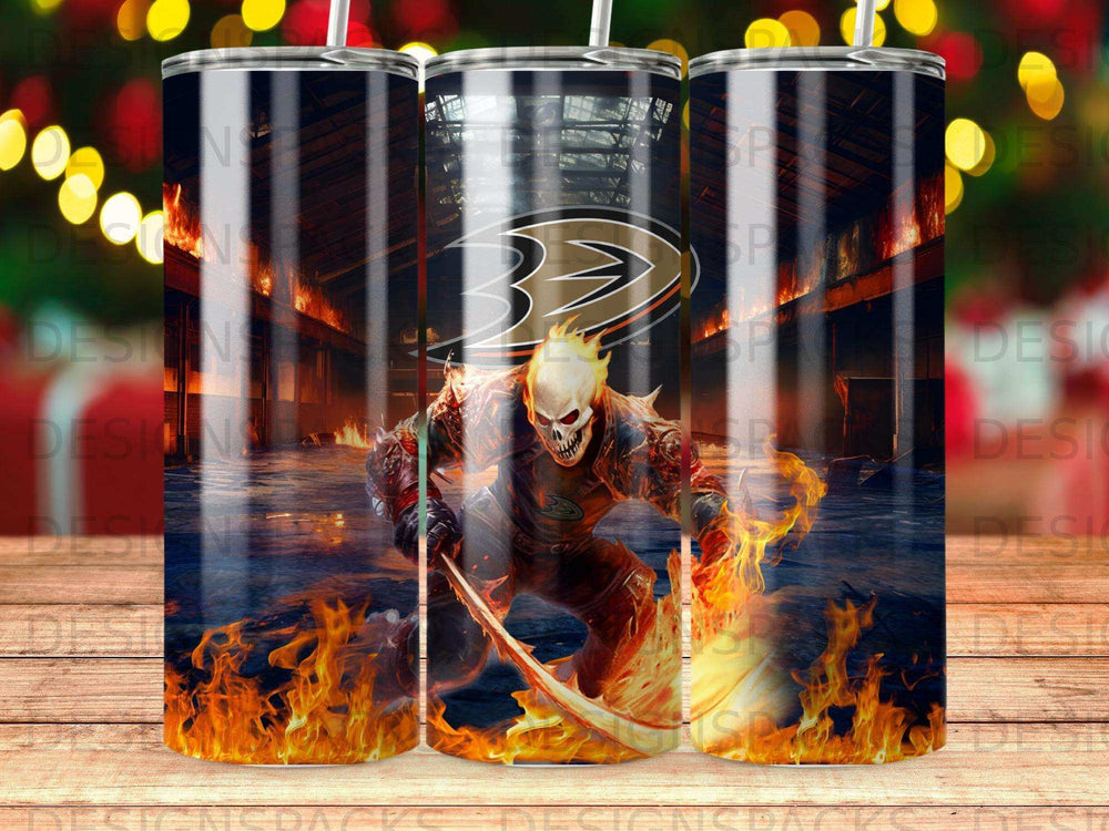 Mighty Ducks logo with a fiery skull character holding a scythe.
