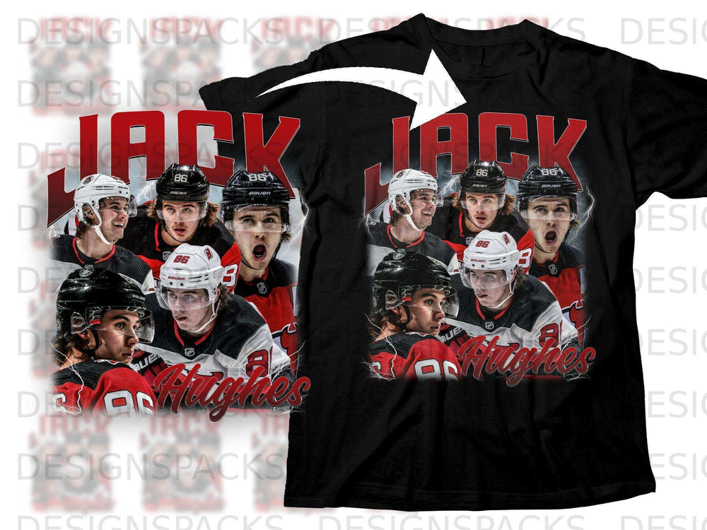 T-shirt with graphic of hockey player Jack Hughes wearing jersey number 86.