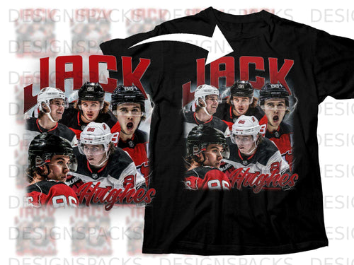 T-shirt with graphic of hockey player Jack Hughes wearing jersey number 86.