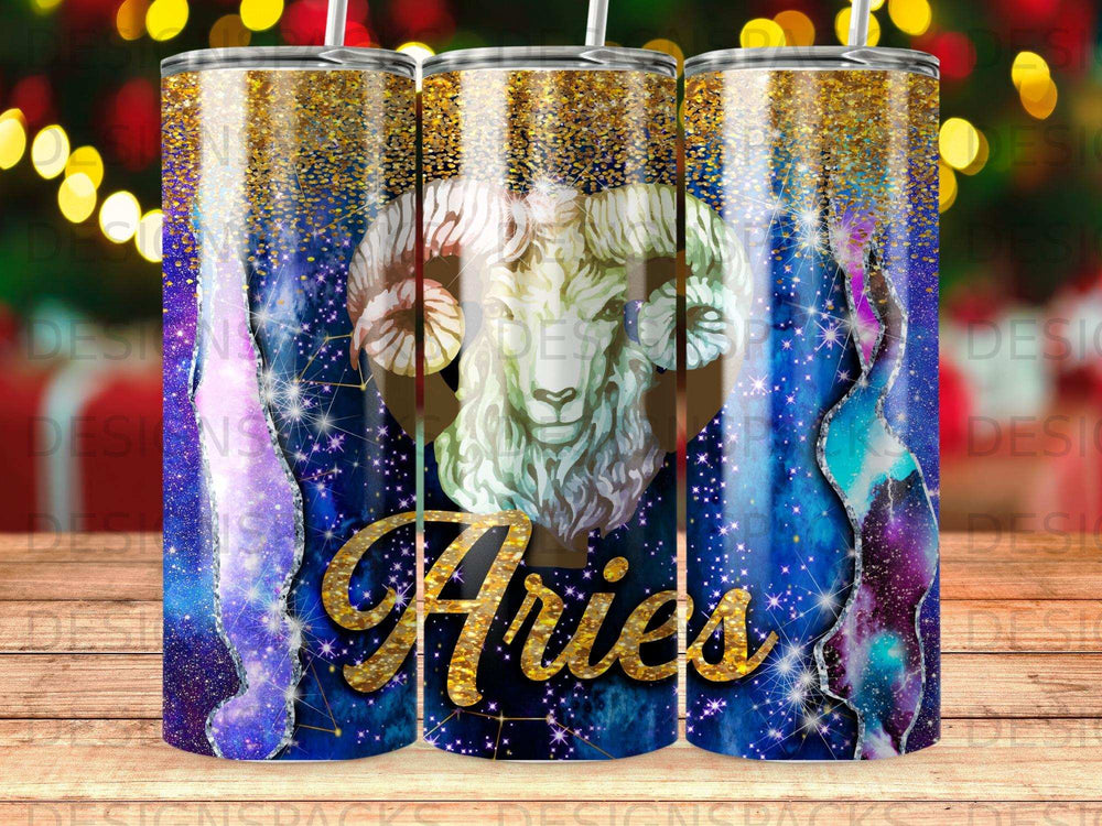 Zodiac Aries tumbler with ram head and starry, glittery background.
