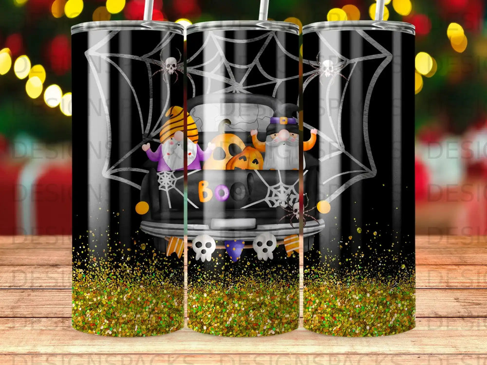 Halloween tumbler with gnome, pumpkin, and spiderweb design.
