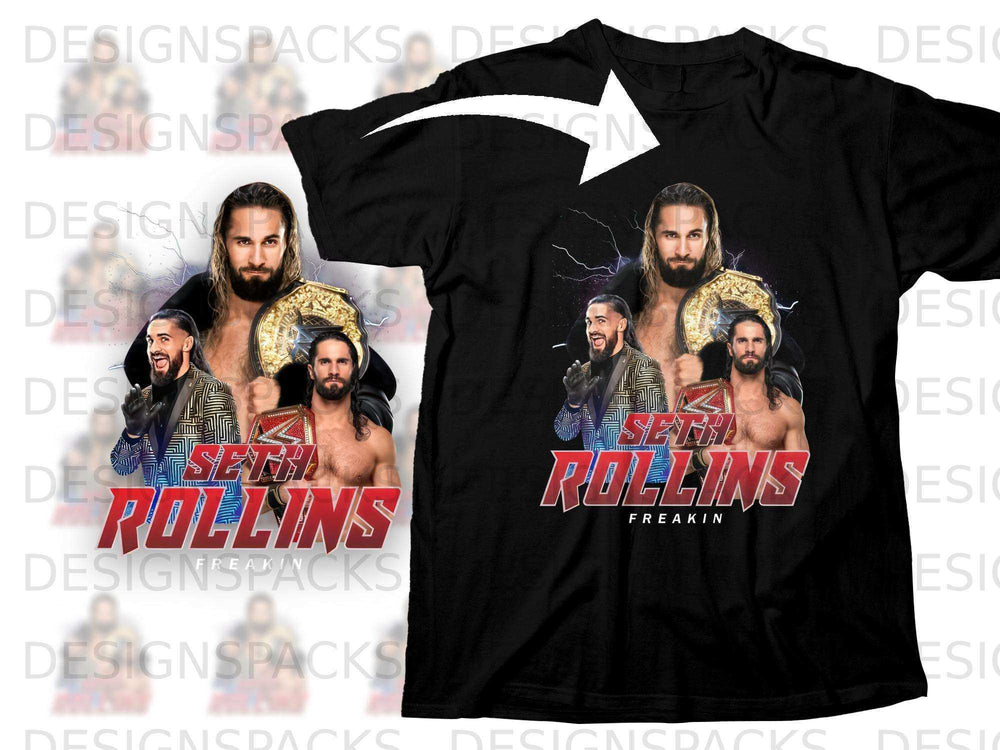 Seth Rollins "Freakin" graphic on black t-shirt, showing wrestler with belt.