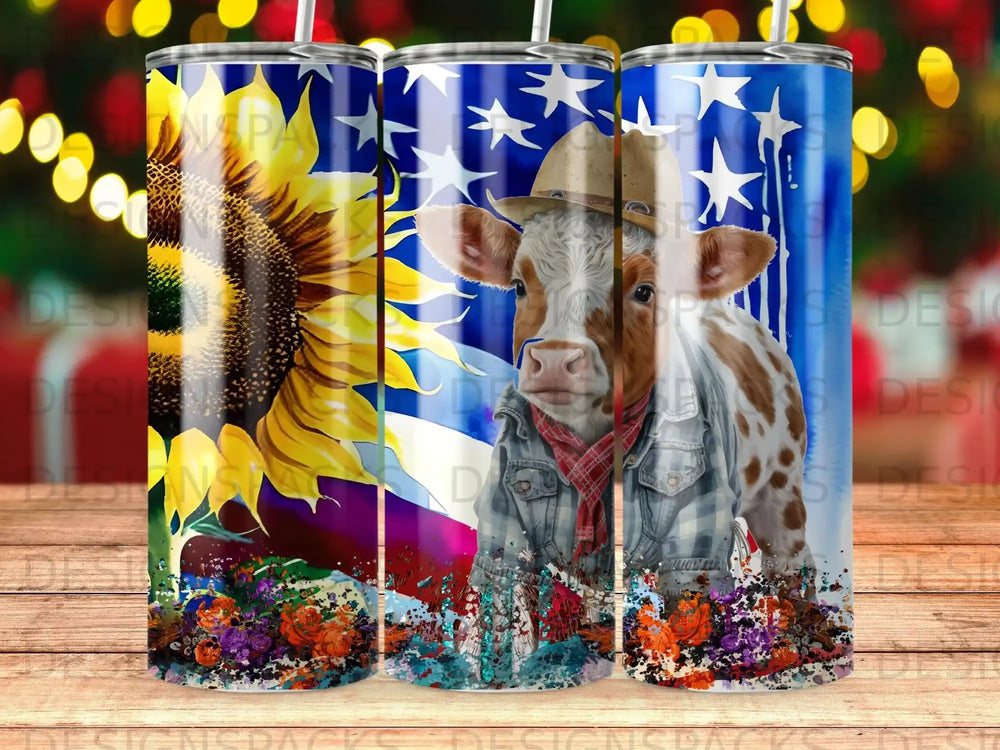 Cow wearing a hat and bandana with a sunflower and US flag background.