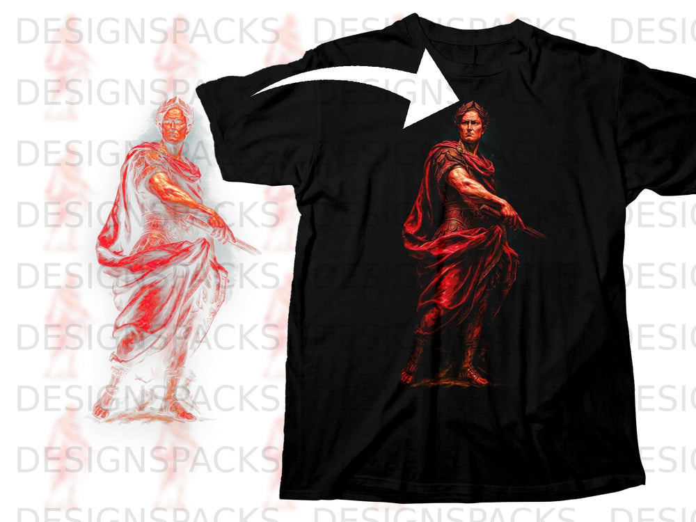 Black t-shirt featuring artwork of a Roman soldier in red robes holding a sword.