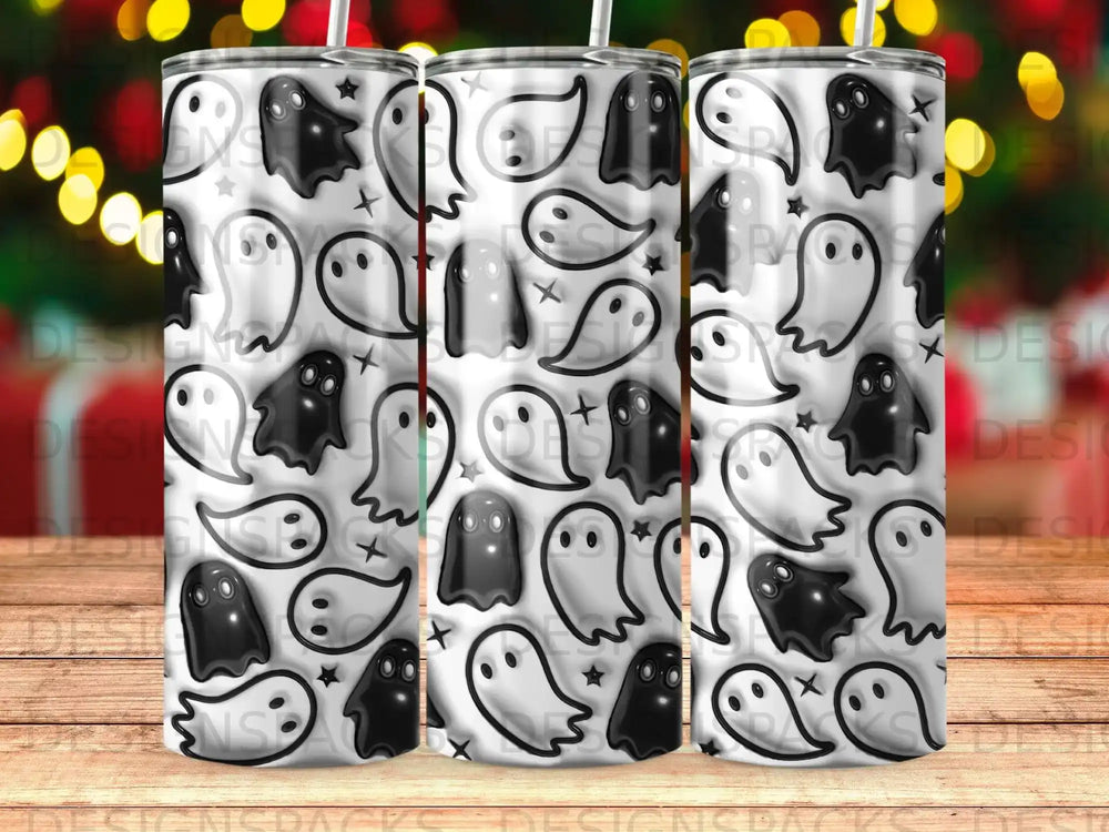 Black and white ghosts pattern on a tall tumbler.