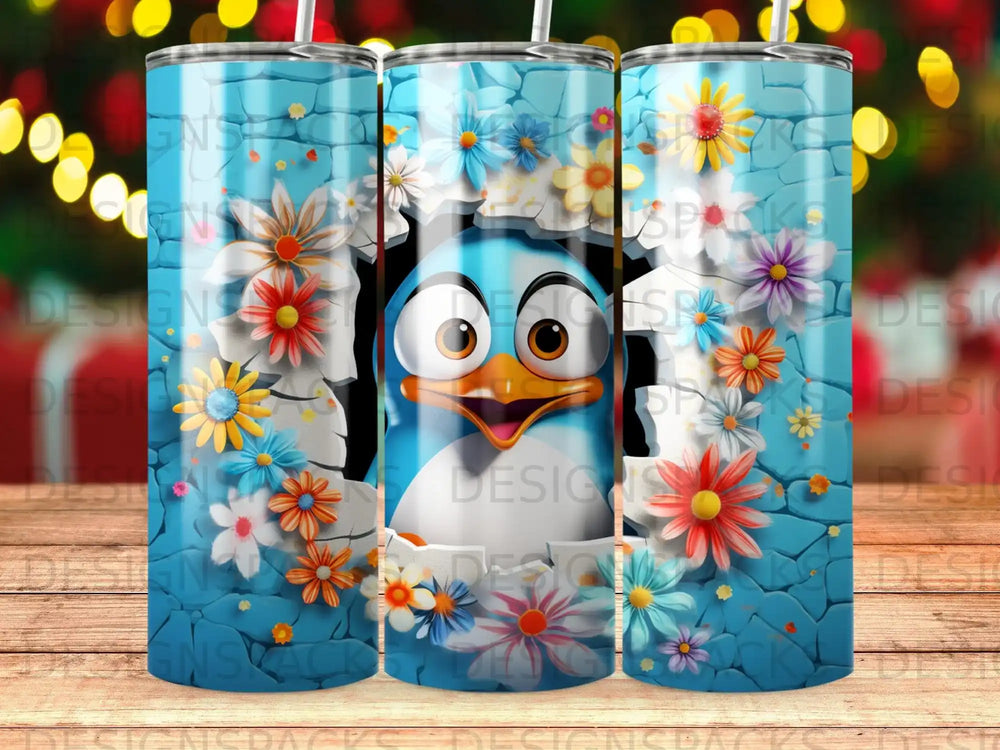 Blue penguin character surrounded by colorful cartoon flowers, cracked blue background.