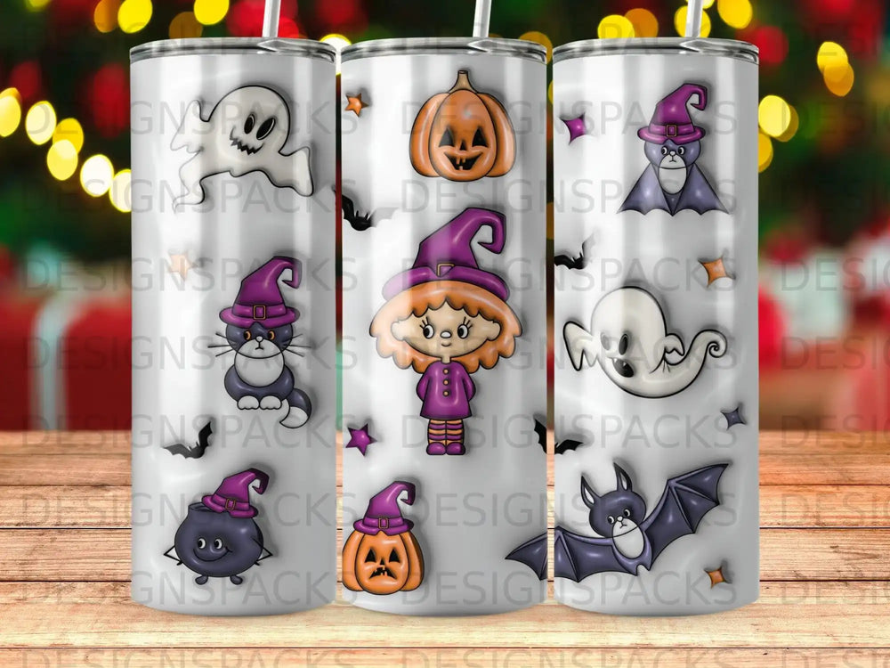 Halloween tumblers with ghosts, pumpkins, witches, and bats.