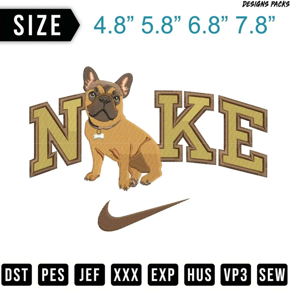 French Bulldog embroidered on "NIKE" logo, available in multiple sizes.