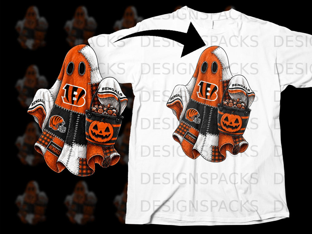 Cincinnati Bengals ghost with candy bucket on a white t-shirt.