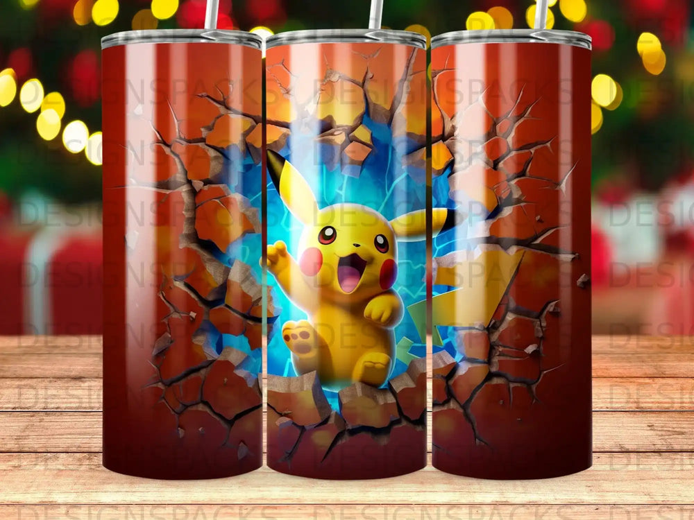 Pikachu bursting through a cracked blue wall.