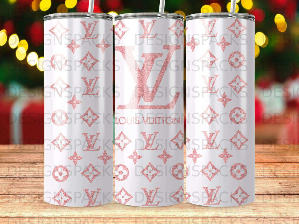 Patterned tumbler with Louis Vuitton logo and LV monogram.